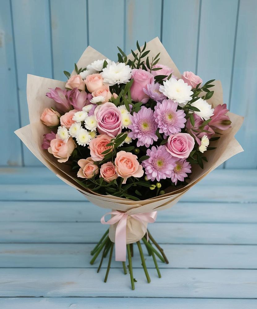 Букет цветов из: Хризантемы, Розы и Альстромерии в Новорождественской