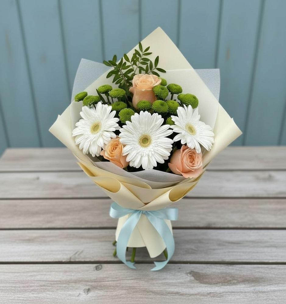 Букет цветов из: Герберы, Розы и Хризантемы в Новорождественской