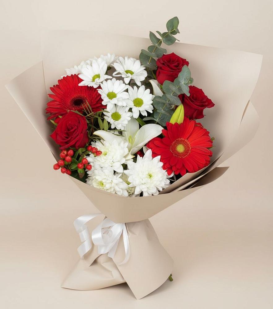 Букет цветов из: Розы, Хризантемы, Герберы и Лилии в Новорождественской