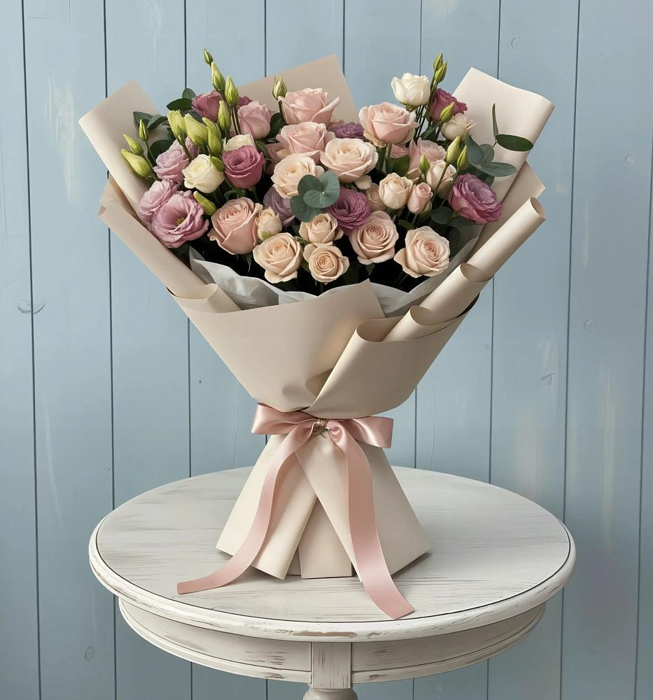 Букет цветов из: Розы и Лизиантусы в Новорождественской