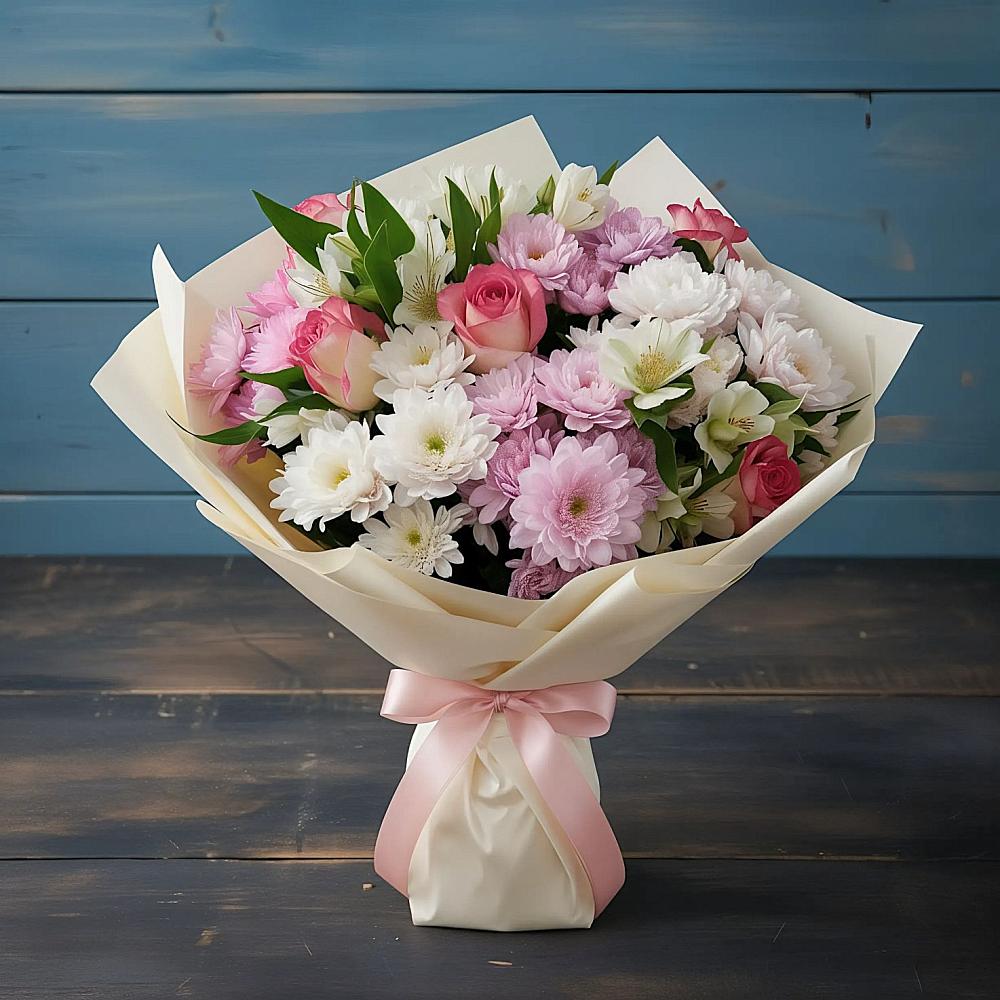 Букет цветов из: Хризантемы, Альстромерии и Розы в Новорождественской